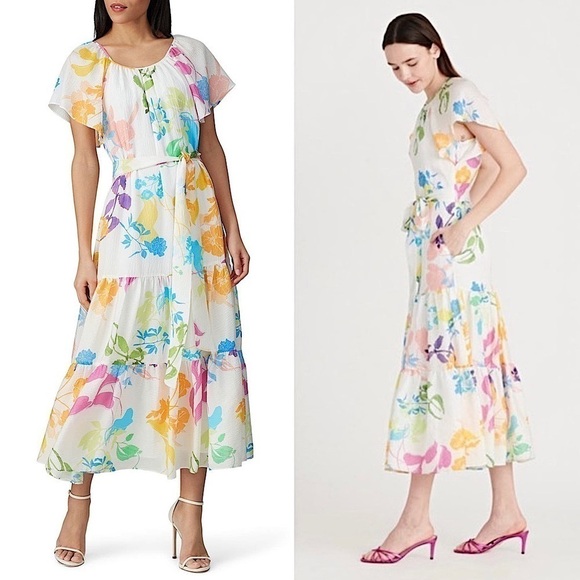 TANYA TAYLOR Silk Ruffle Tiered Hem Flutter Sleeve Painterly Floral Midi Dress 8 - Picture 1 of 11